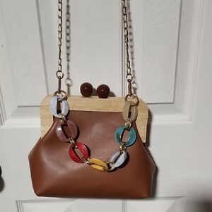Elegant Brown Clutch with Multicolor Chain